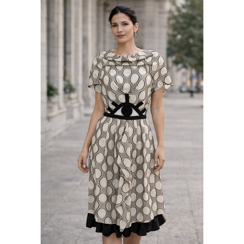 Roland‎ Mouret Designer Eye Motif Midi Dress SZ 6 Cream Black Avant-Garde Unique